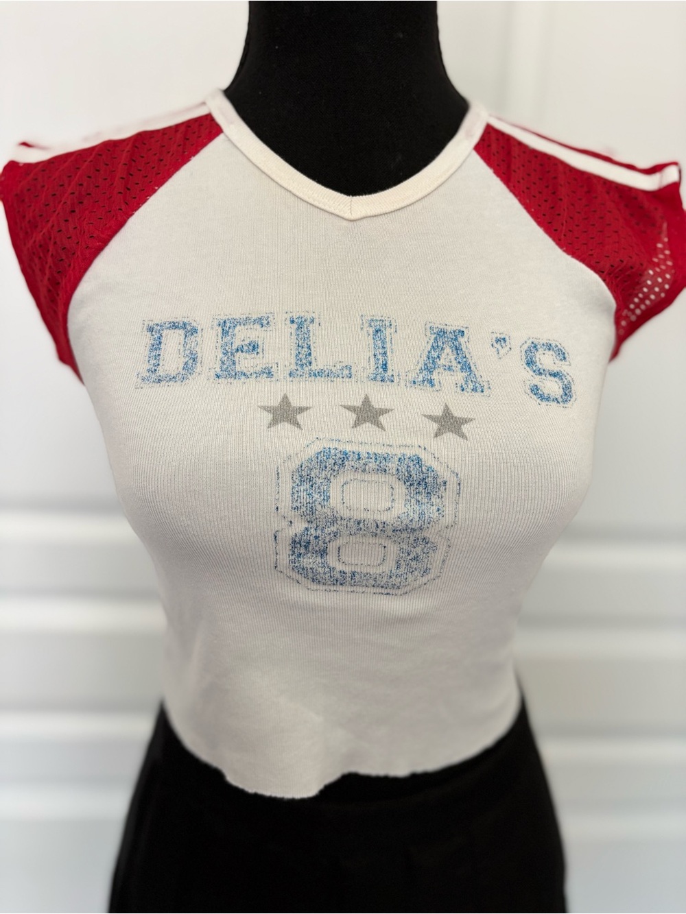 dELiA*s Varsity White Crop Top with Red Raglan Sleeves & Blue Number 90s Y2K